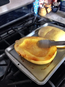 Flip spaghetti squash over and let it cool