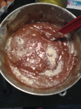 Chocolate mixture with sifted flour on top